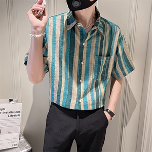 夏季印花纯棉夏季短袖衬衫男宽松社会小伙衬衣休闲TZ95P5078图片