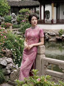 夏季新品时尚气质金丝提花弹力香云纱品质真丝喜庆中长款旗袍裙图片