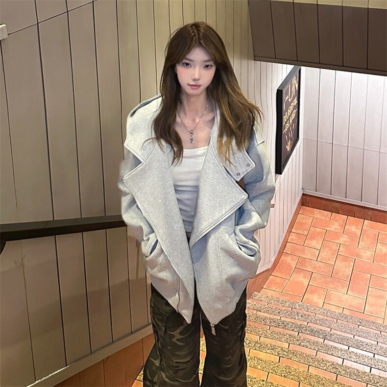 抖音得物品质 26春装美式重磅结构斜拉链高领连帽卫衣开衫外套W61图片