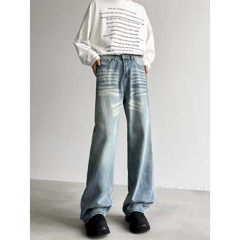 新款美式复古宽松直筒牛仔裤男水洗做旧高街潮牌长裤89877-p53，男装牛仔裤，星座1008-2