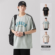 2024夏季新款麂皮绒撞色条纹拼接宽松圆领短袖T恤T2303-P40，男装T恤，星座914-3