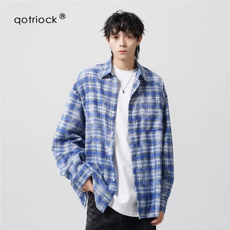 1506/QC5310/P44扎染长袖格子衬衫男装春秋衬衫外套ins超火潮流,男装衬衫,星座1506