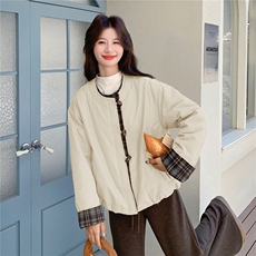 韩系黄色格纹拼接羽绒棉服外套女秋冬2025新款时髦棉袄超漂亮棉衣，女装棉衣/棉服，2B142