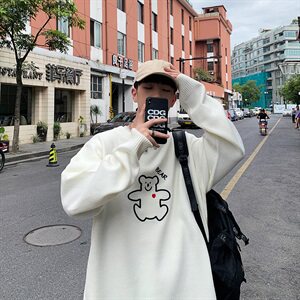 男宽松百搭毛衣潮-流宽松刺绣圆领毛衣W509