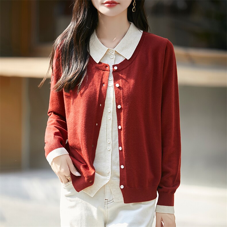 24新款撞色假两件精纺羊毛开衫女POLO领毛衣外套宽松翻领针织上衣，女装羊毛衫，暖烁羊绒