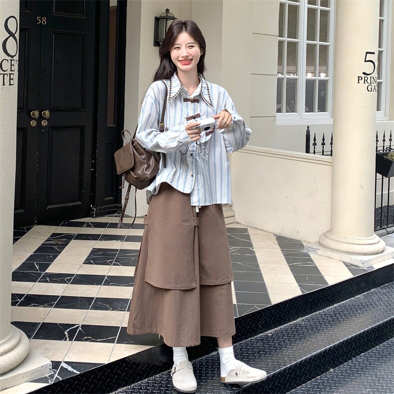 复古蝴蝶刺绣条纹衬衫套装女2025秋季新款设计感工装半身裙两件套,女装套装/套裙,2C332