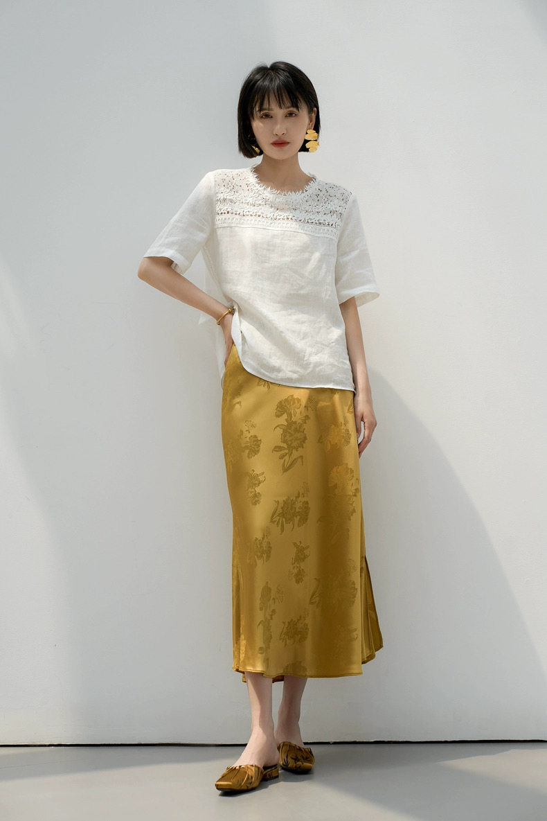 夏季重工蕾丝亚麻衬衫宽松圆领女上衣,女装T恤,湘姗