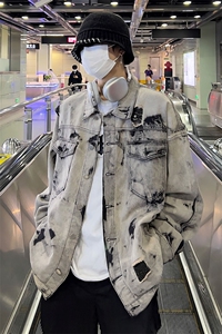 美式牛仔外套男春扎染破坏牛仔衣设计感高街夹克潮NT521P75图片