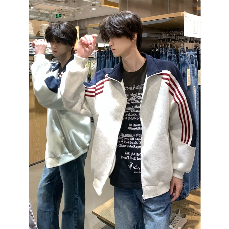 美式条纹撞色开衫卫衣男女款中性风宽松休闲百搭外套WY37-P48图片