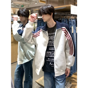 美式条纹撞色开衫卫衣男女款中性风宽松休闲百搭外套WY37-P48图片