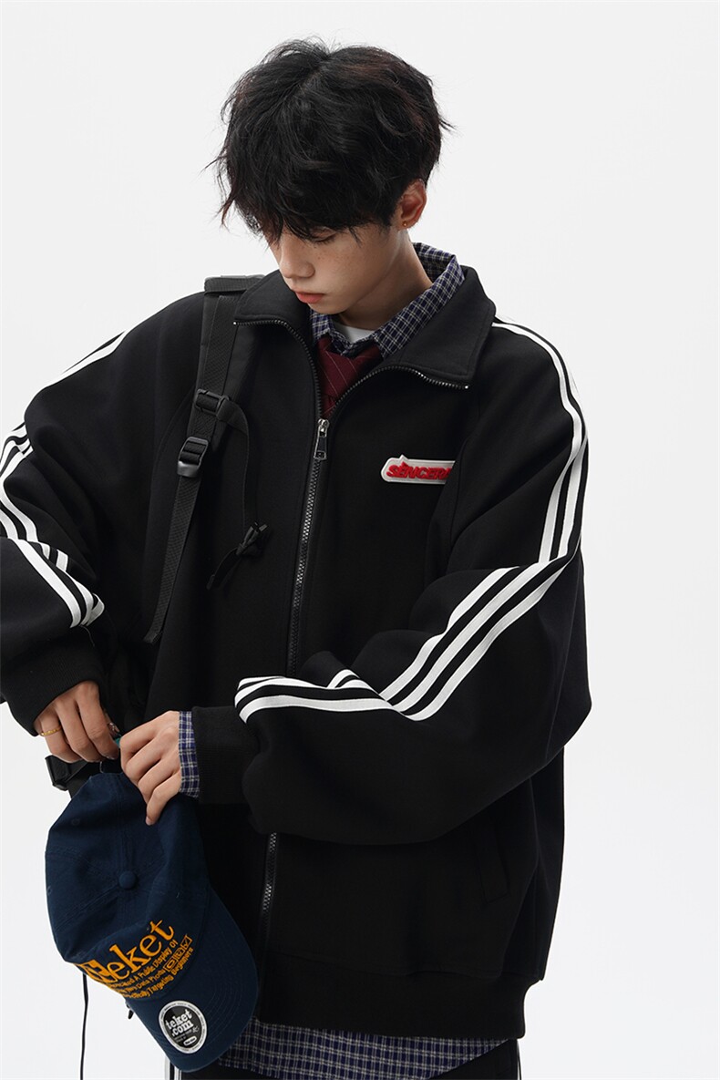 8XL-M条纹撞色开衫新年红卫衣运动套装潮牌运动服校园风TZ114P118,男装休闲套装,电商D206-1