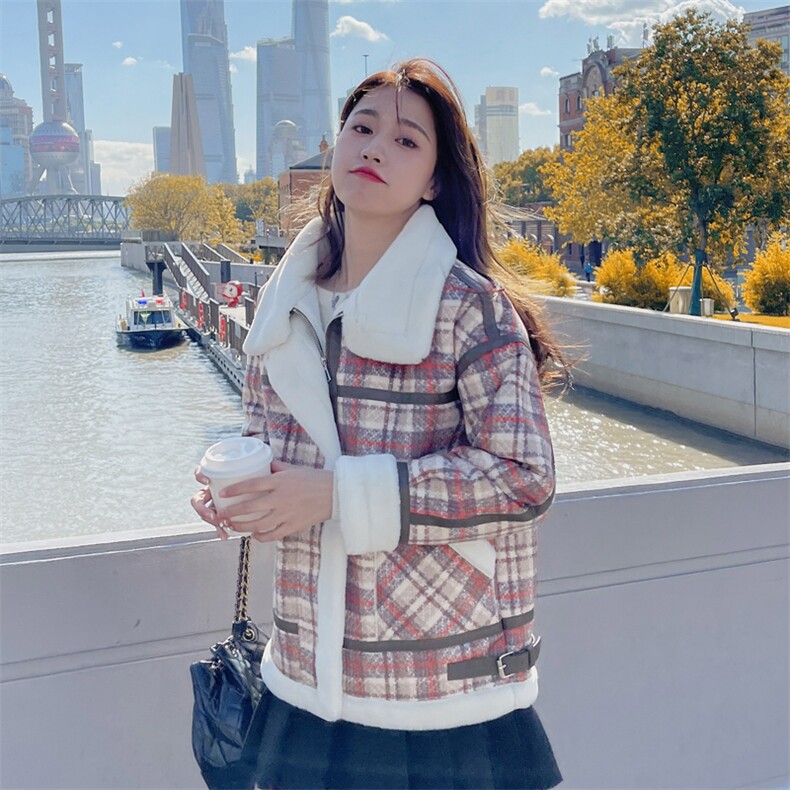 复古格子立领羊羔毛外套女2025秋冬新款加绒加厚羊羔绒短棉衣棉袄,女装毛呢外套,帛香坊