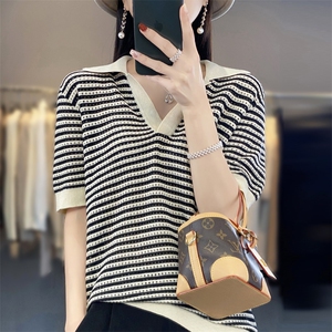 24夏季薄款精纺羊毛衫T恤女宽松POLO领条纹短袖百搭针织半袖上衣图片