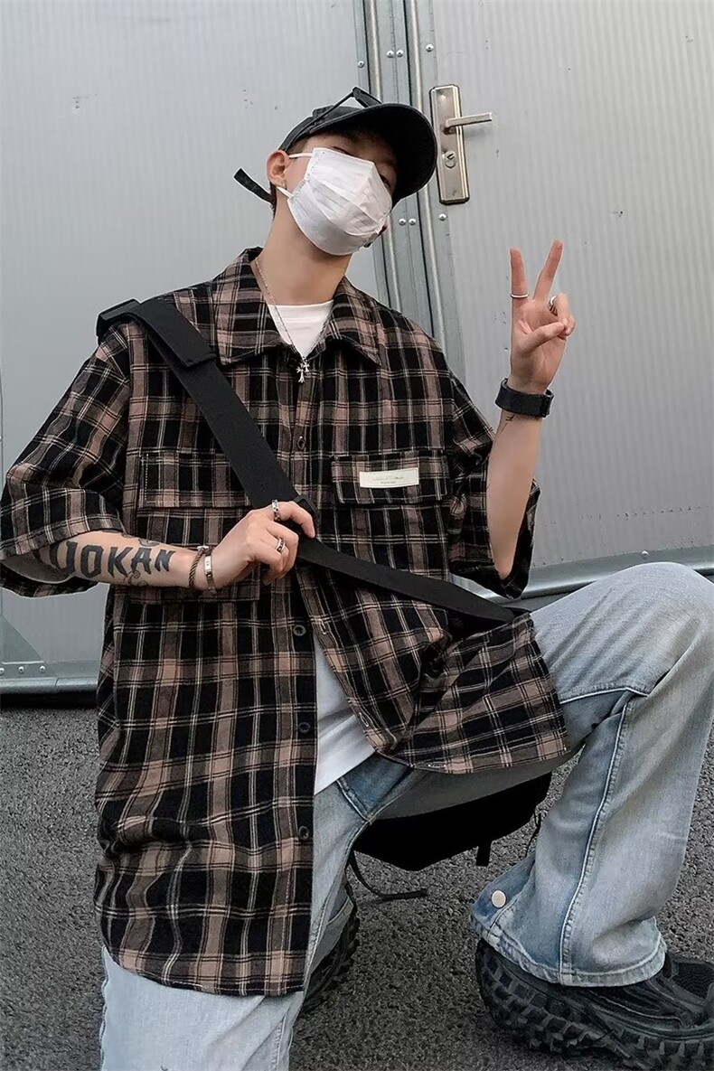 夏季标准文艺方领格子潮青春流行衬衫C588P42,男装衬衫,星座1116-2