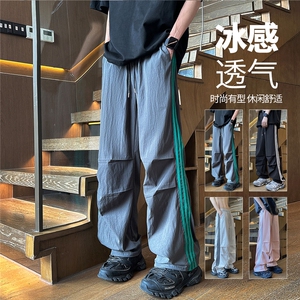 YK122 P35 品质保障！夏季垂感冰凉褶皱炸街侧边三条杠织带休闲裤图片