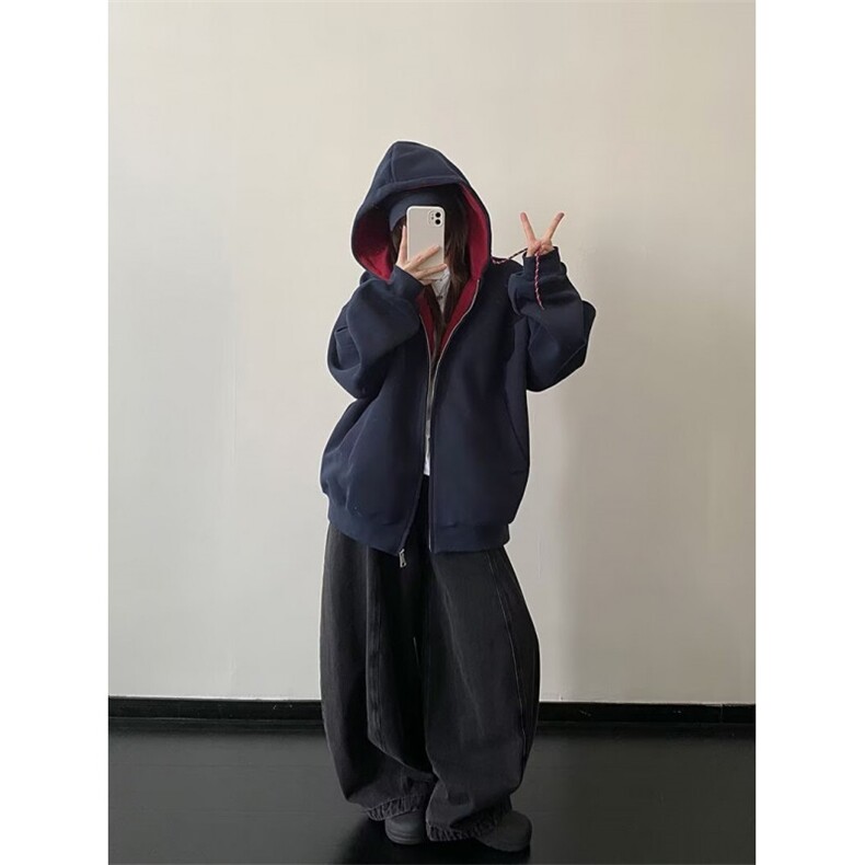 早秋穿搭开衫外套长袖帽卫衣女2025新款蓝色宽松上衣女,女装短外套,星座506A