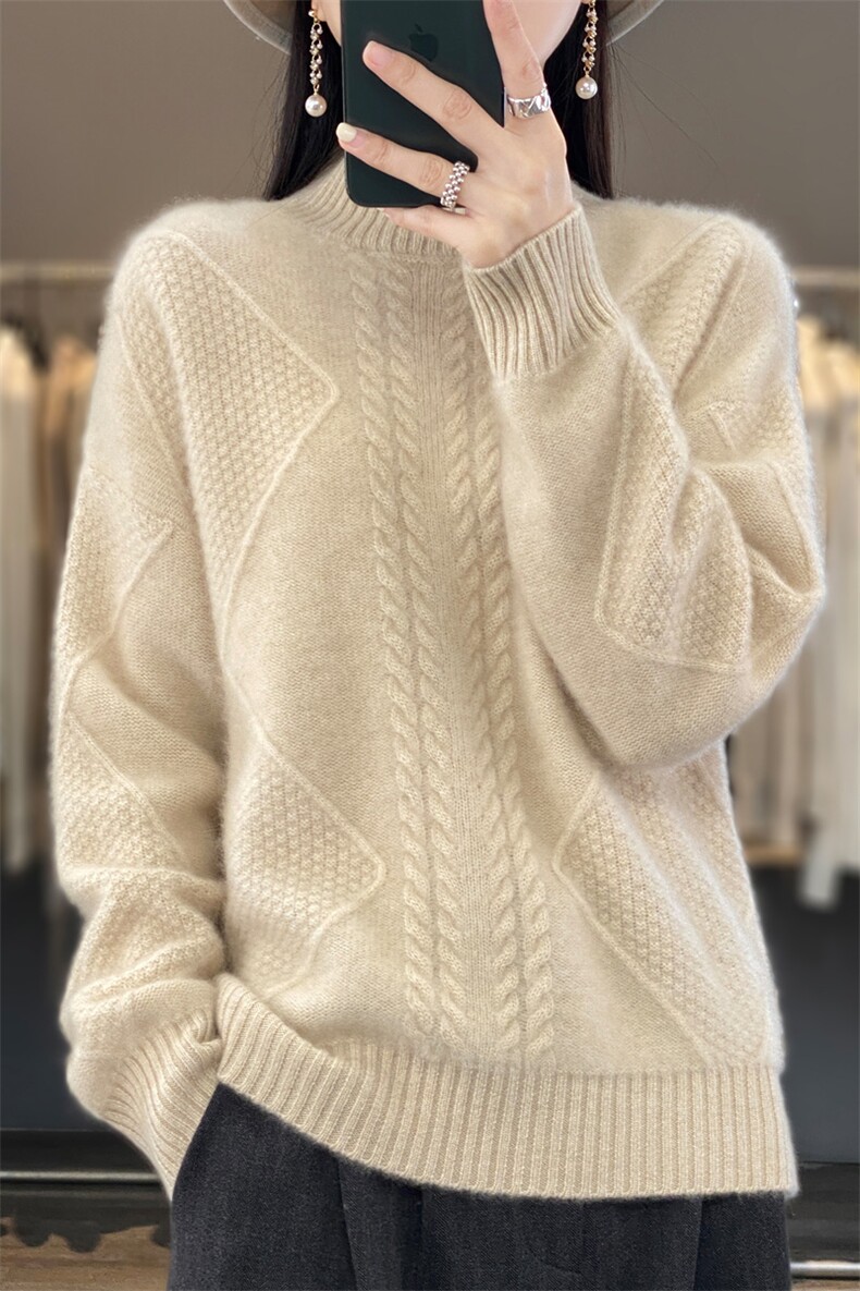 重磅加厚100纯羊毛半高领毛衣女2025新款保暖绞花内搭针织打底衫,针织衫/毛衣,大美人包芯纱店
