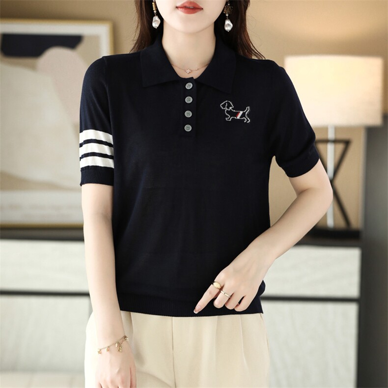 2025春夏新POLO领四粒扣袖口色道短袖女减龄休闲气质百搭亲肤T恤,女装T恤,德尔信羊绒