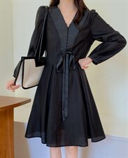 织带连衣裙 黑色M~XXL，女装连衣裙，炅缇恩