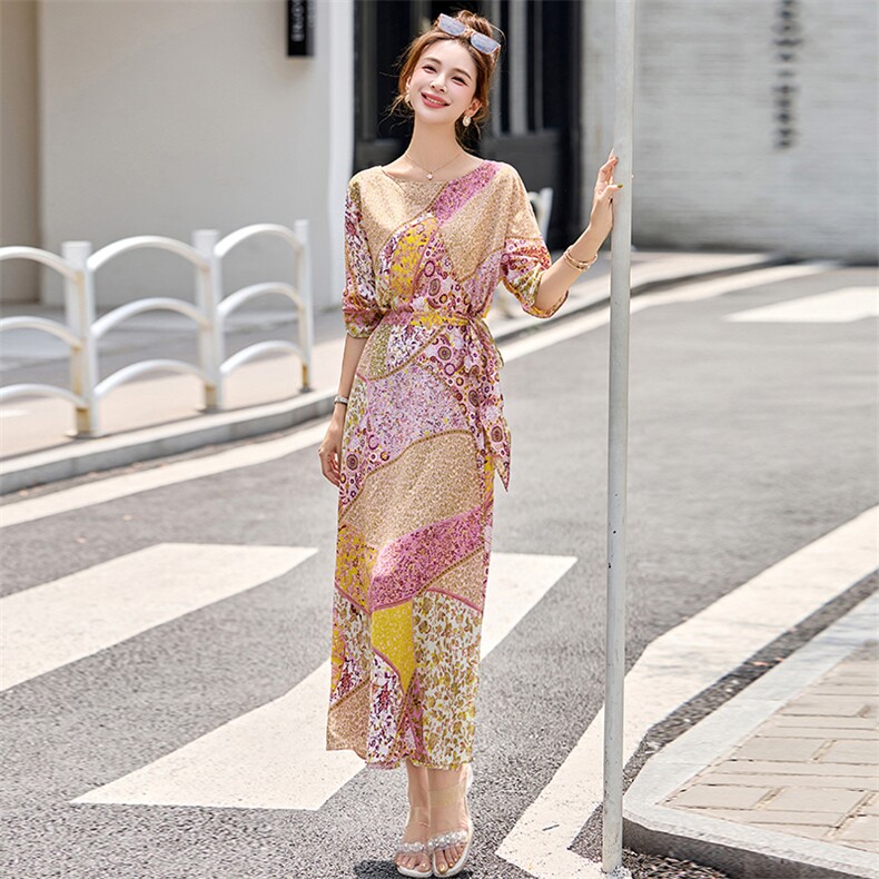 法式印花圆领一片式系带裙女2026夏优雅气质收腰度假连衣裙,女装连衣裙,美沁