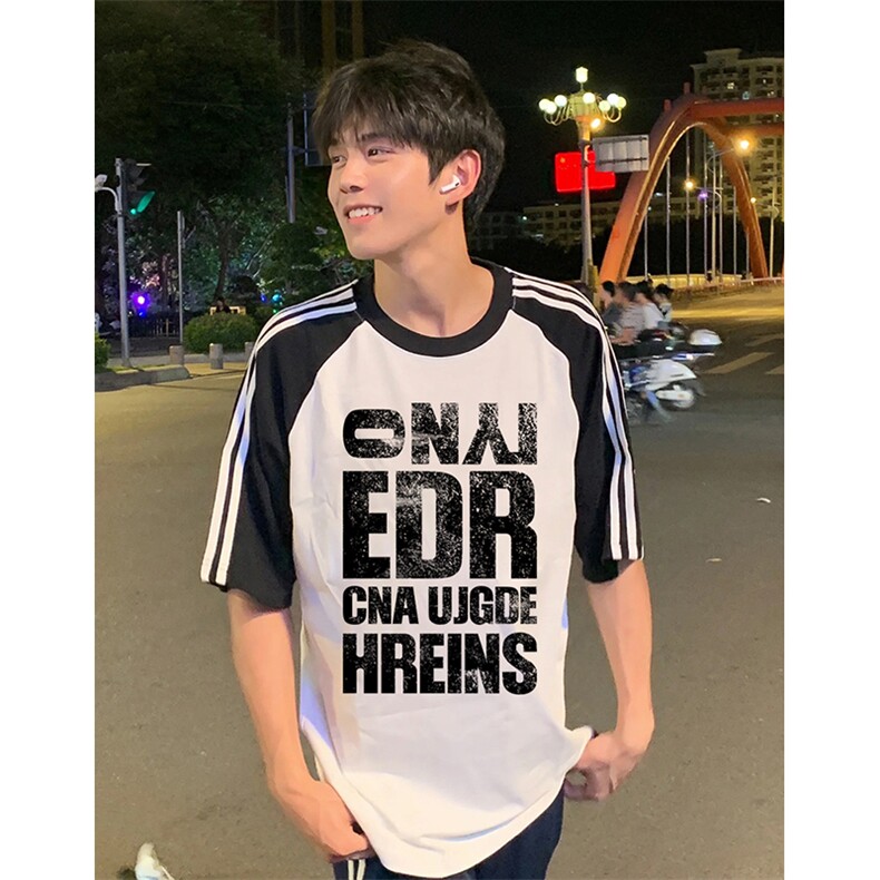 抖音得物品质二开240克宽松纯棉美式潮牌插肩三杠织带短袖T恤，男装T恤，电商A486-1