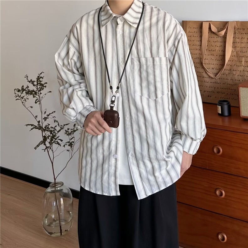 日系男美式简约复古竖条纹撞色宽松长袖衬衫男女春衬衣外套网图,男装衬衫,星座302B
