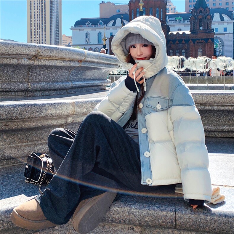 时尚撞色牛仔拼接羽绒服女冬季新款小个子设计感保暖外套面包服,女装羽绒服,2C325