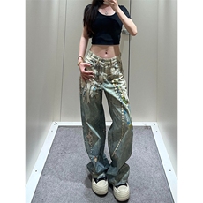 美式直筒牛仔裤印花链条挂饰泼水洗做旧长裤N791-P57，男装牛仔裤，星座208-5