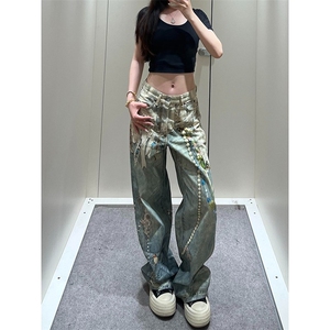 美式直筒牛仔裤印花链条挂饰泼水洗做旧长裤N791-P57