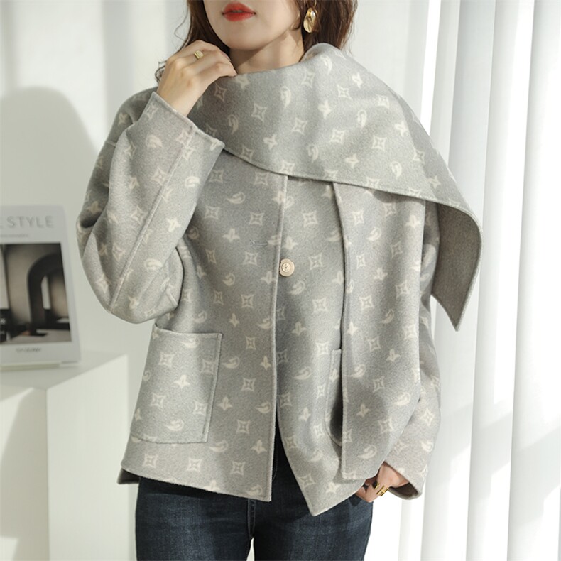 2025年秋季新款围巾领针织羊毛大衣外套时尚休闲通勤百搭，女装双面呢大衣，诗洋大衣