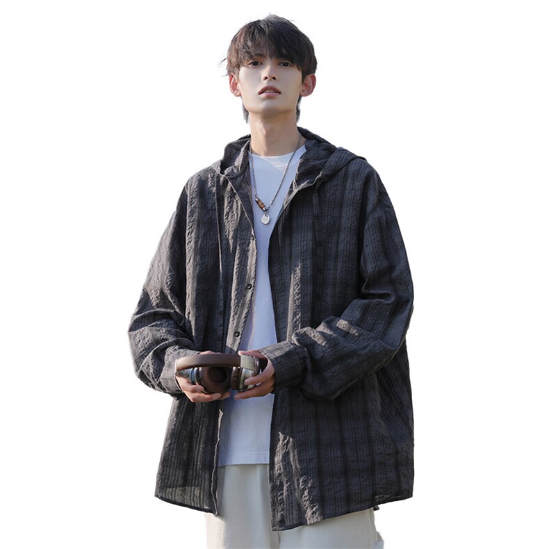 特批P35无差价夏季连帽格子宽松薄款透气舒适防晒衬衫外套男J5210,男装衬衫,电商A001