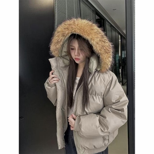 现货三防重磅硬挺boxy短款羽绒棉衣座山雕大毛毛领PU皮棉服外套冬