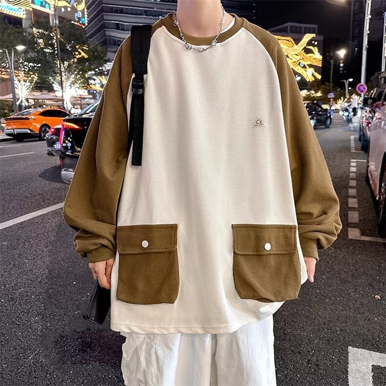 秋款男圆领套头卫衣工装大口袋华夫格贴标拼色T恤外套W023-P50,男装T恤,星座1109-3