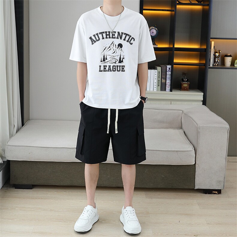2025夏季新款男士套装工装大口袋系带短裤宽松潮牌短袖T恤两件套，男装休闲套装，星座1801