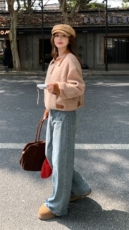美式PU皮撞色拼接短款毛呢外套女秋冬2025新款炸街御姐轻熟风大衣，女装毛呢外套，2D148