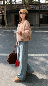 美式PU皮撞色拼接短款毛呢外套女秋冬2025新款炸街御姐轻熟风大衣图片