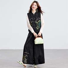 在仓~2026年春夏轻薄背心/马甲上衣两件套刺绣山水画两件套阔腿裤，女装套装/套裙，新依时派