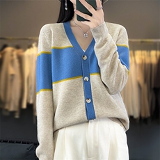 时尚拼色女士羊毛开衫显瘦V领长袖针织衫，女装羊毛衫，莺澜羊绒