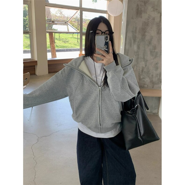 加绒加厚卫衣女秋冬高级感美式复古连帽宽松拉链外套WY10P49,女装短外套,星座1013-5