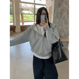 加绒加厚卫衣女秋冬高级感美式复古连帽宽松拉链外套WY10 P49图片