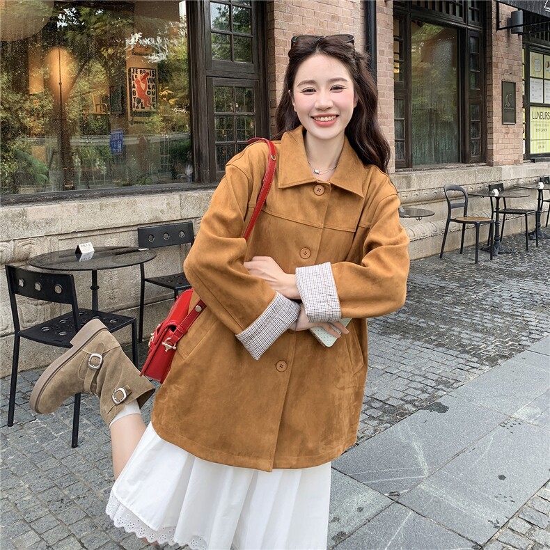 咖色复古格纹拼接麂皮绒外套女春秋2025新款小个子流行爆款巨好看,女装短外套,2C050