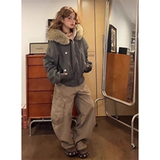 现货重磅boxy短款棉衣座山雕大毛毛领男女棉服水洗工装厚外套，男装棉衣，电商A486-1