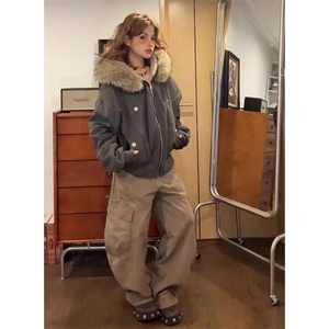 现货重磅boxy短款棉衣座山雕大毛毛领男女棉服水洗工装厚外套图片