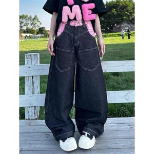 CP1215-P55 美式粉格拼接廓形弯刀牛仔裤女2025设计感宽松阔腿裤图片