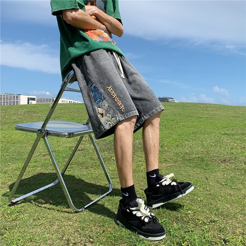 短裤男夏季新款潮牌痞帅拼接刺绣运动裤子潮流宽松直筒休闲五分裤,男装牛仔裤,星座1013