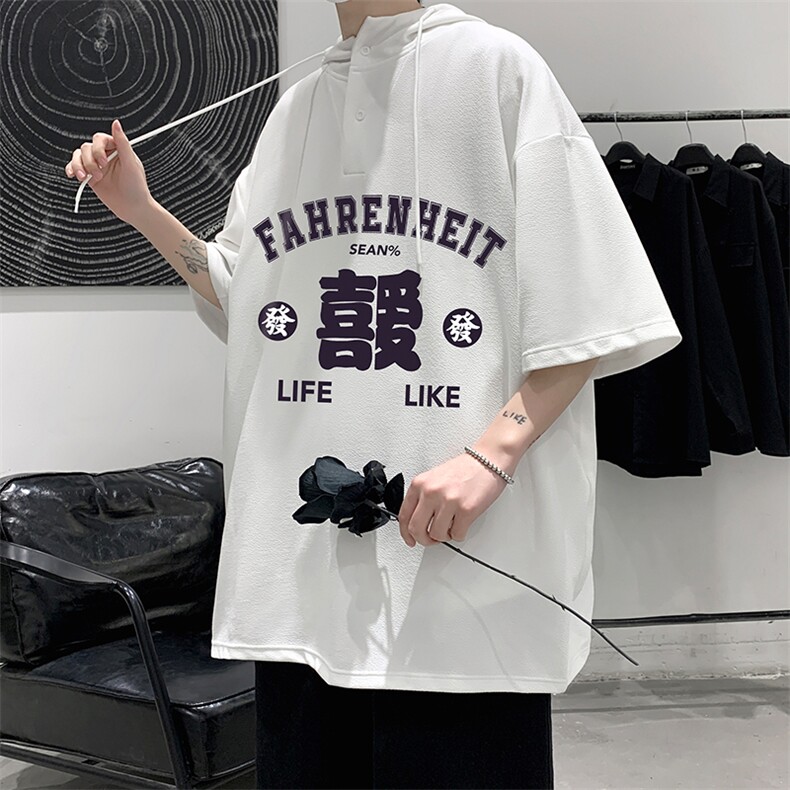 LD54256-P45连帽短袖t恤男大码胖子带帽五分袖中袖大皂风,男装T恤,电商A040