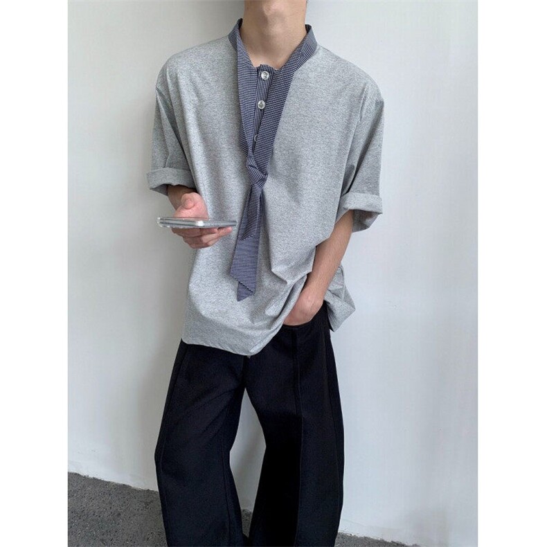 航海家夏季松弛感飘带丝巾领拼接短袖男百搭宽松领带T恤T81,男装T恤,星座1116A（原606A-3）
