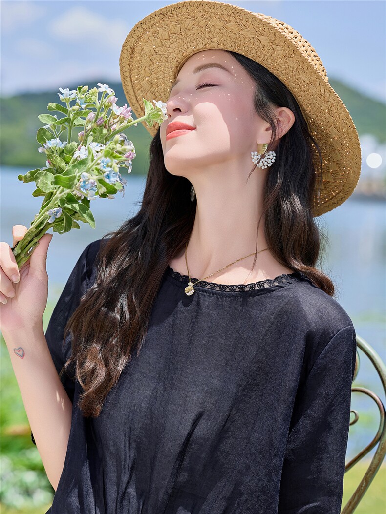 2026夏季文艺风套装，藏青暗花收腰显瘦质感高级搭配裤子清凉透气,女装套装/套裙,米莱