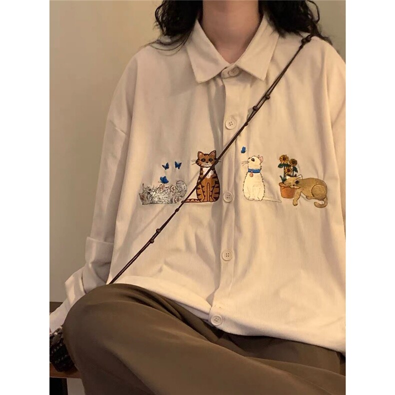 美式复古灯芯绒猫咪刺绣长袖衬衫男女春秋冬宽松休闲衬衣上衣外套,男装衬衫,星座1210-1