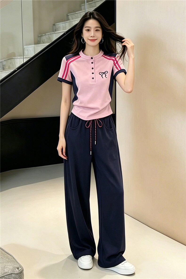 设计款时尚休闲套装女夏款简约百搭条纹拼接短袖上衣阔腿裤两件套,女装套装/套裙,江南